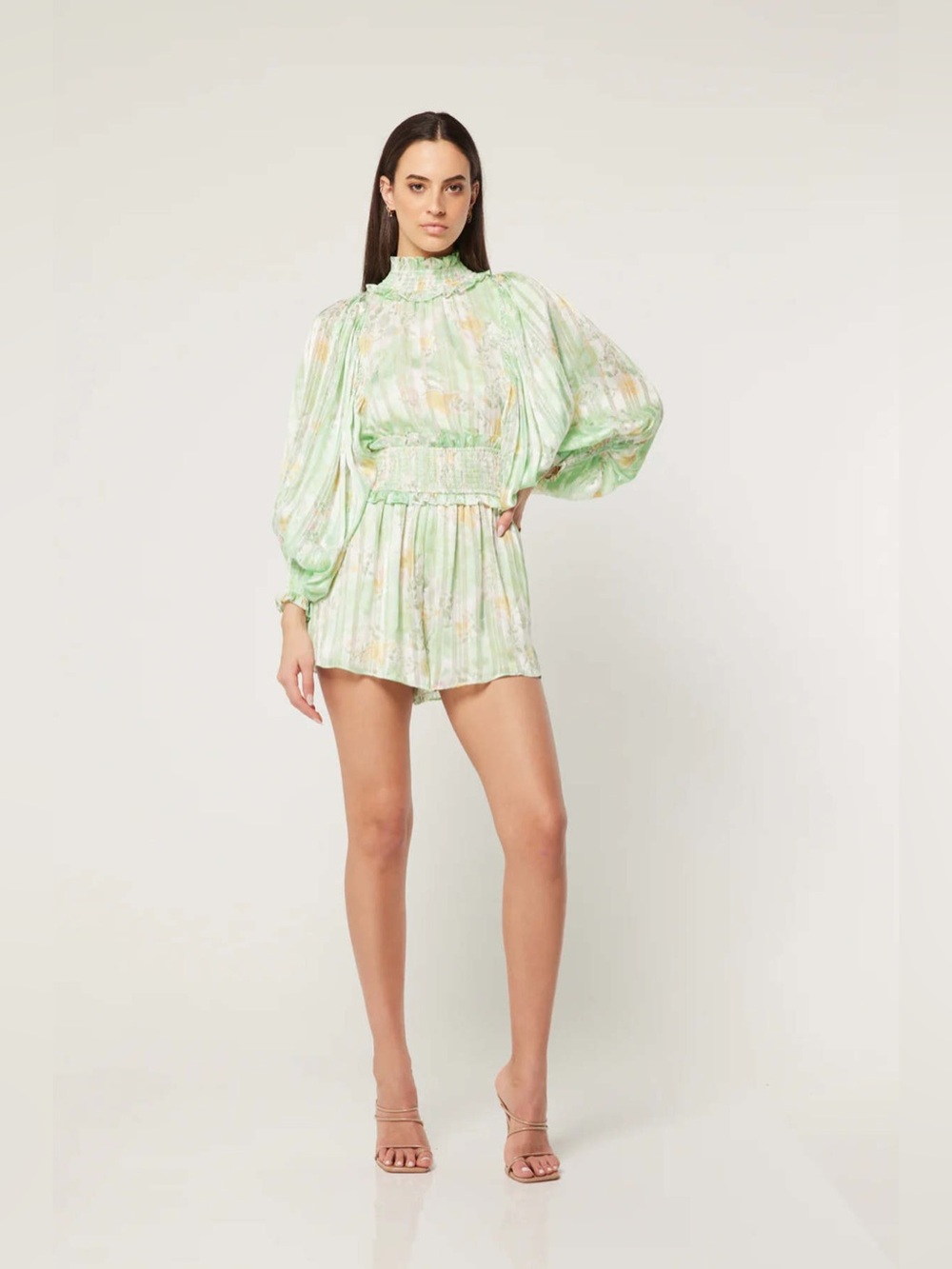 Elliatt Ophelia High Neck Floral Green Metallic Playsuit Large